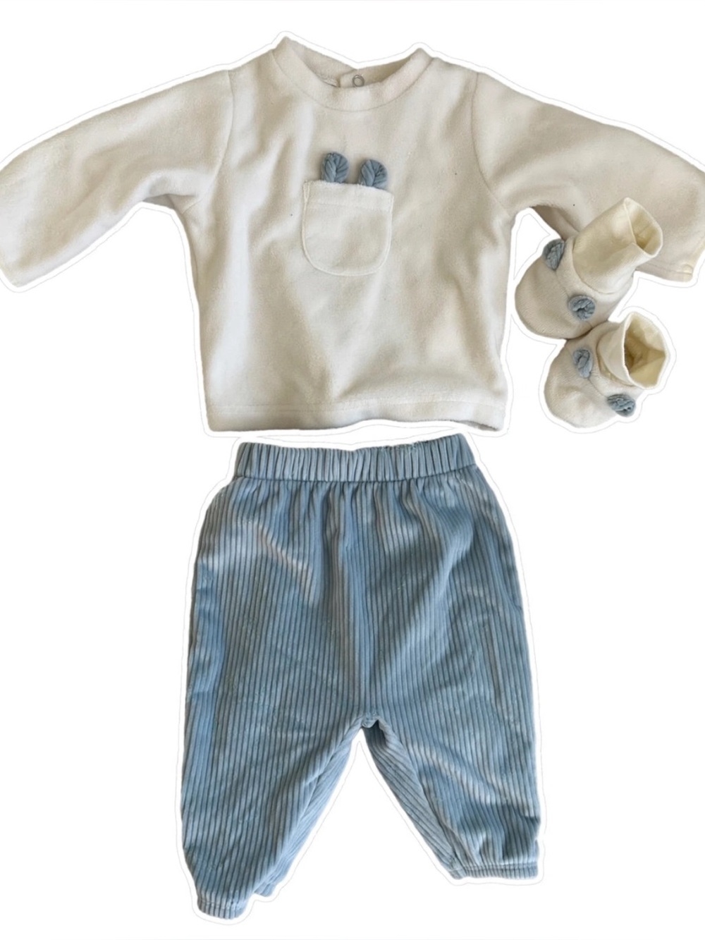 Cream Top with Blue Corduroy Baby Pants Set - 3 months